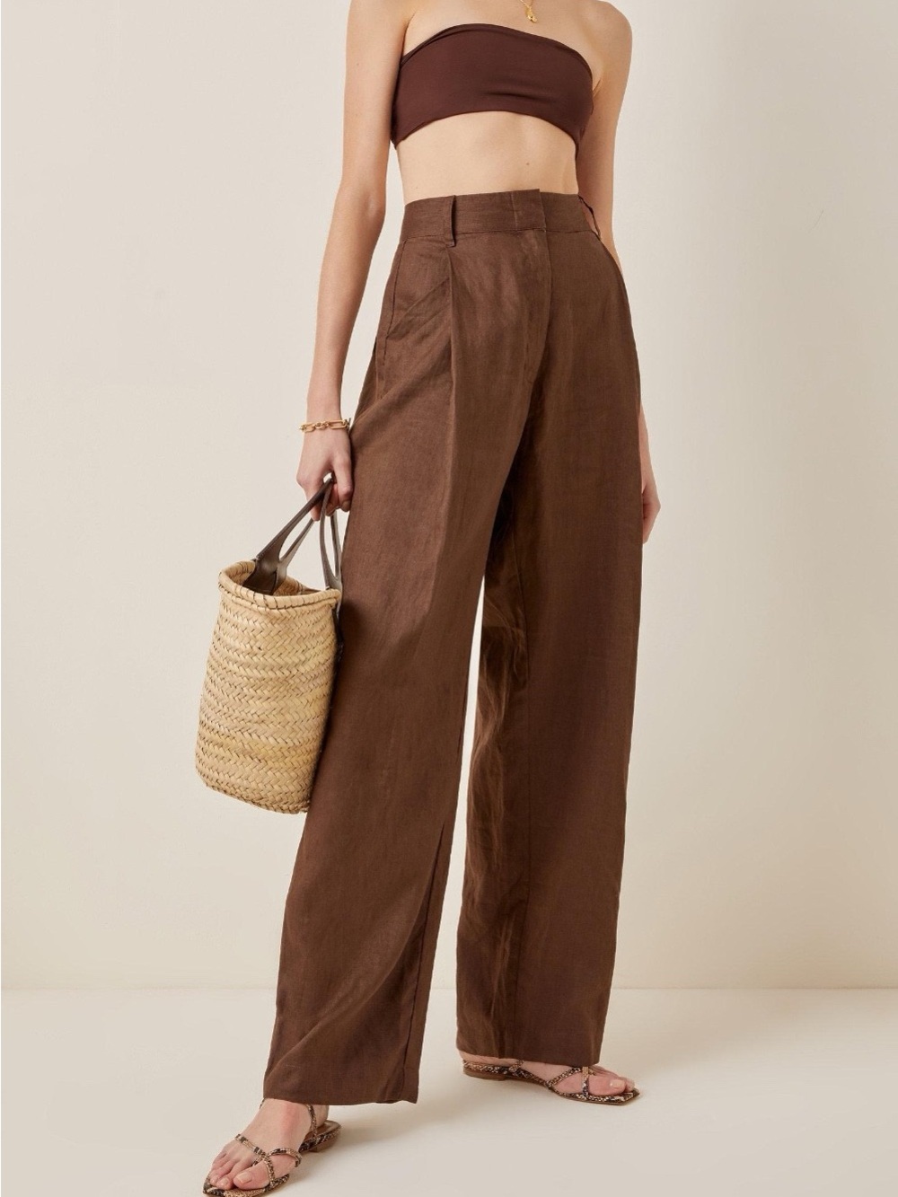 AEXAE Revolve High Waisted Wide Leg Linen Trouser Pants Brown Size L $250